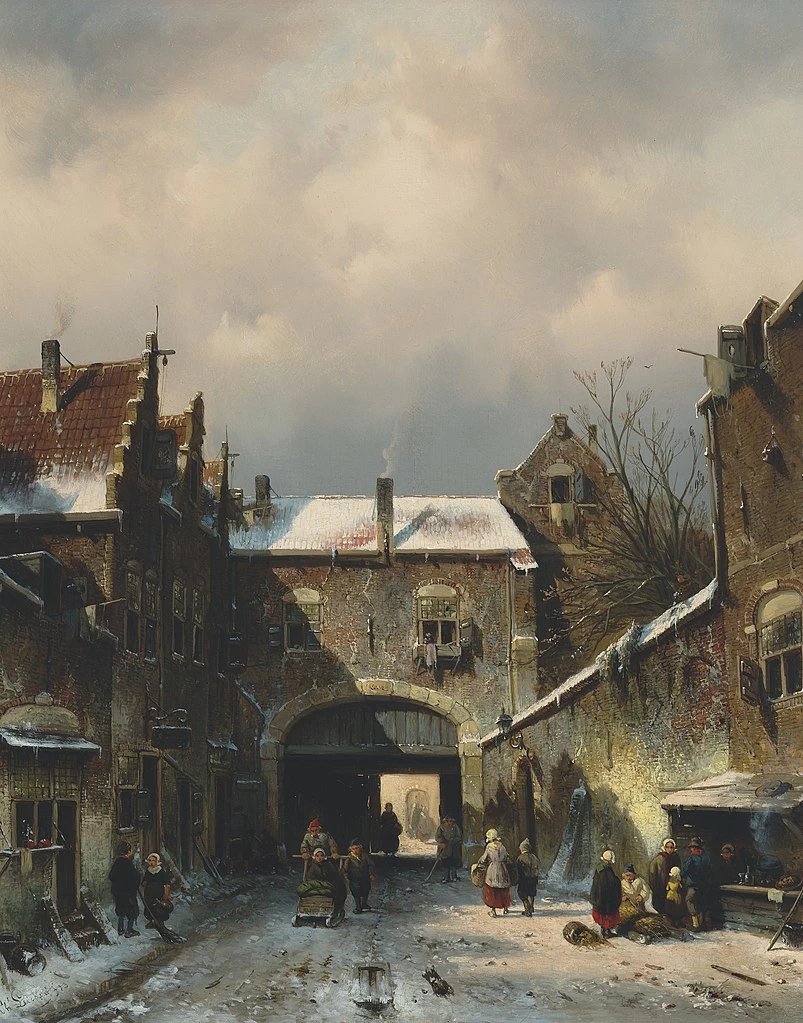 Charles Leickert - una scena di strada del villaggio in inverno